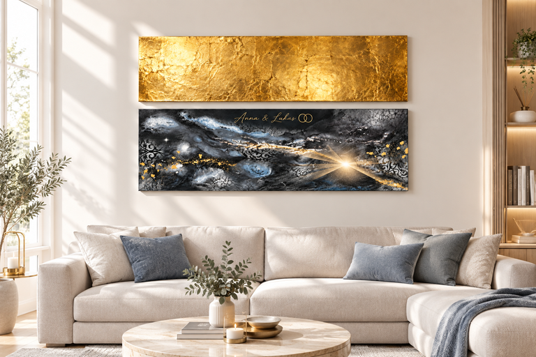Ein modernes Wohnzimmer mit einem hellbeigen Ecksofa, einem runden Marmortisch und zwei abstrakten Wandbildern, eines golden glänzend und das andere schwarz mit goldenen Details und der Inschrift "Anna & Lukas".